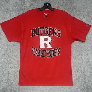 VTG Champion Rutgers Scarlet Knights T Shirt Men's Size L Red Embroidered Tee